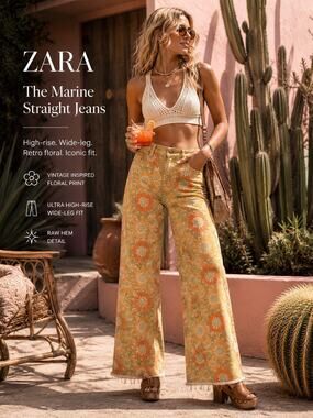 Zara Floral Straight-Leg Jeans in Yellow and Orange